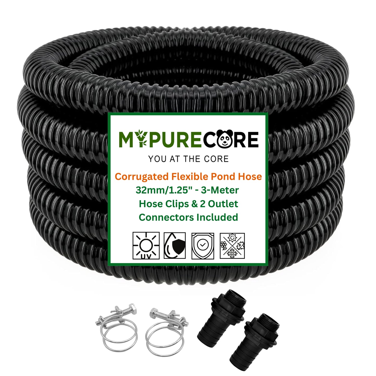 MYPURECORE Corrugated Flexible Pond Hose Set - 32mm/1.25" PVC Hose w/ Double-Wired Metal Clips & Barbed Water Tank Outlet Connectors - for Pond Pumps, Waterfalls, Drainage (1M-10M)