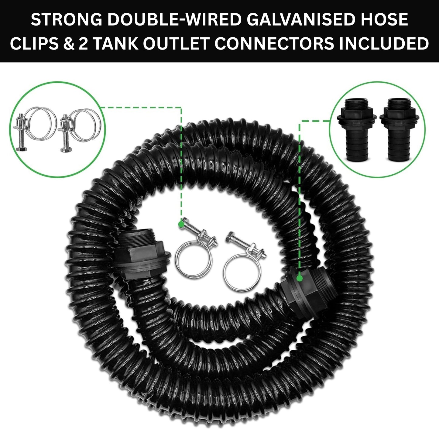 MYPURECORE Corrugated Flexible Pond Hose Set - 25mm/1" PVC Hose with Double-Wired Metal Clips & Barbed Water Tank Outlet Connectors - for Pond Pumps, Waterfalls & Drainage (1M-10M)