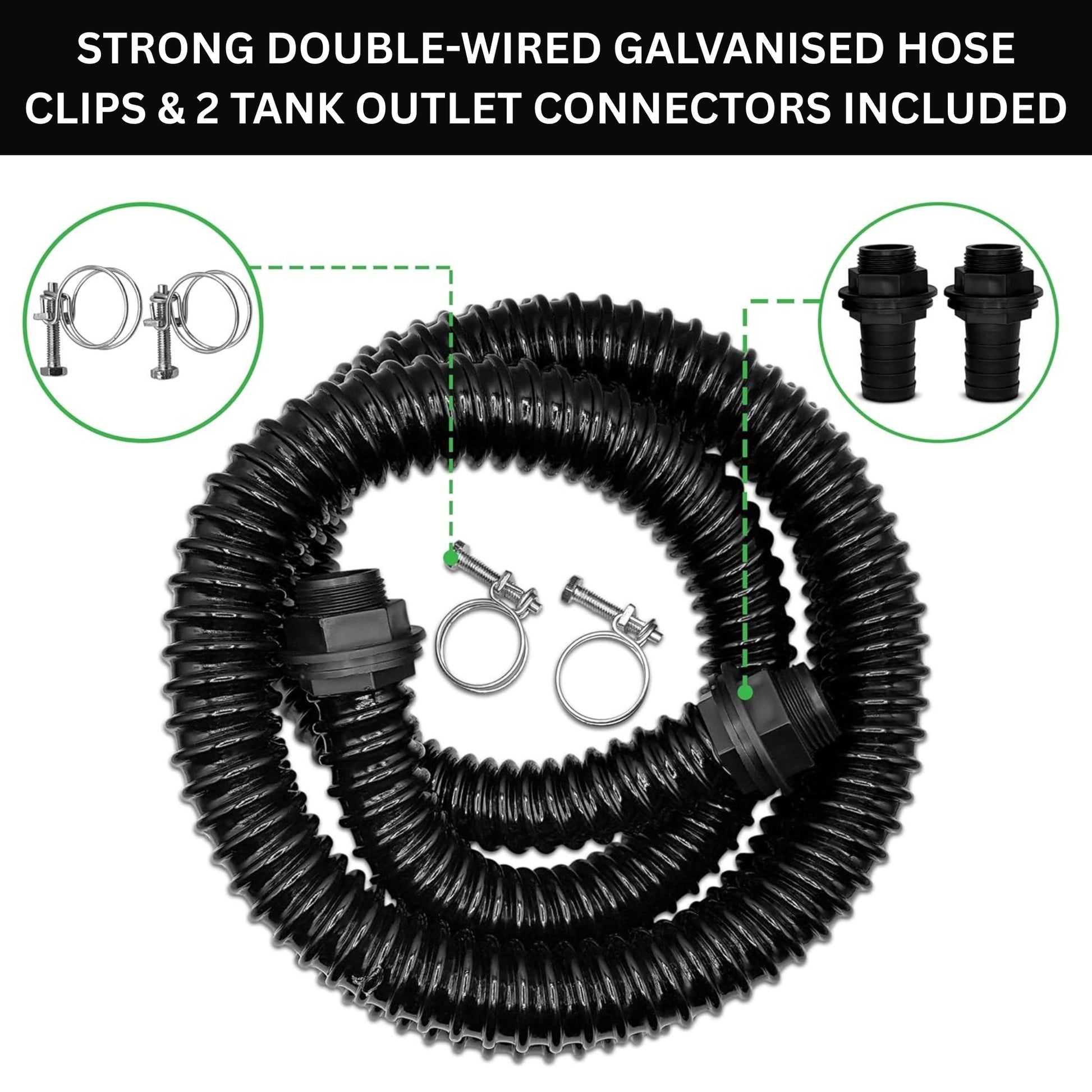 MYPURECORE Corrugated Flexible Pond Hose Set - 25mm/1" PVC Hose with Double-Wired Metal Clips & Barbed Water Tank Outlet Connectors - for Pond Pumps, Waterfalls & Drainage (1M-10M)