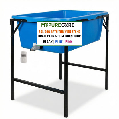 Dog Bath Tub 90L with Stand Raised Pet Bath Pool Foldable Metal Frame with Drain Plug Hose Connector Durable Dog Wash Tub for Indoor Outdoor Pet Care