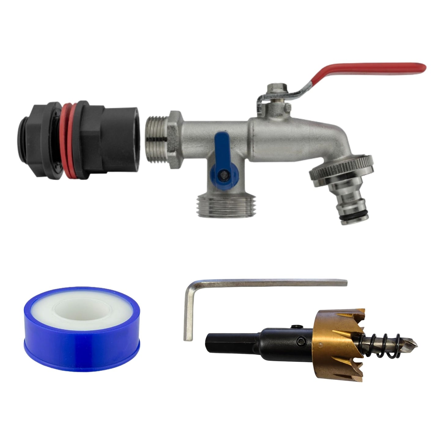 Water Butt Barrel Tap Connector Kit with Drill Hole Saw Cutter – Adapter Hose Fitting with Tap Options & PTFE Tape for Rain Barrel, Water Tank & Garden Use