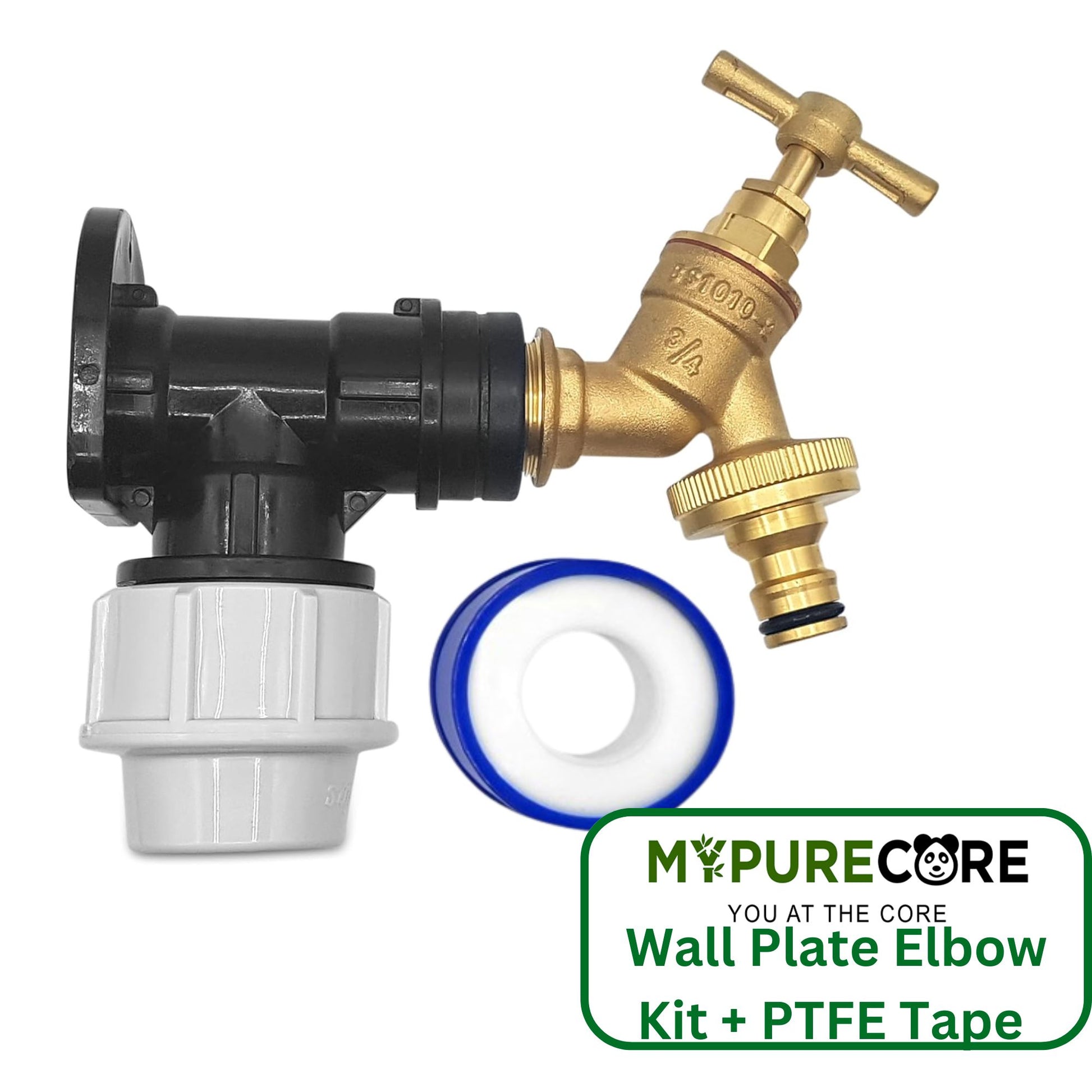 25mm MDPE Wall Flange Kit – Wall Plate Elbow ¾ Brass Garden Tap with Click-Lock Hose Fitting and PTFE Tape – Easy to Install Hose Connector