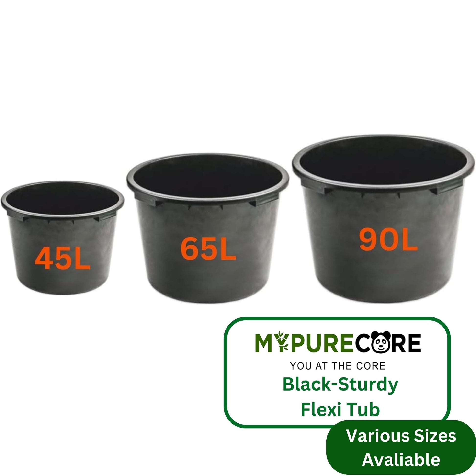 Flexi Tub Small (45L), Medium (65L), Large (90L) Black - Sturdy Heavy Duty Large Plastic Bucket with Handles | Builders Garden Home Storage Container