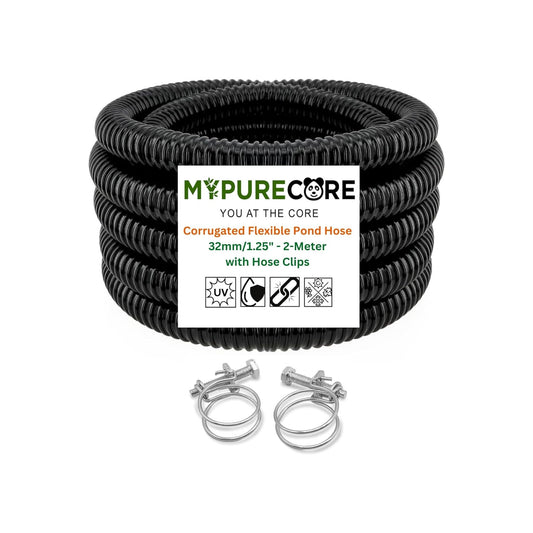 Corrugated Flexible Hose Pond Pipe 1.25" /32mm – 2-Meter with Advanced Double-Wired Hose Clips for Pond Pumps, Filters, Drainage