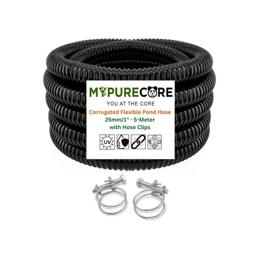 Corrugated Flexible Hose Pond Pipe 25mm / 1"– 5-Meter with Advanced Double-Wired Hose Clips for Pond Pumps, Filters, Drainage