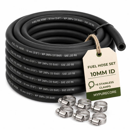 Fuel Oil Line Hose SAE J30 R6 with 6 Stainless Steel Hose Clamps | Petrol & Diesel Fuel Pipe | 4mm, 5mm, 6mm, 8mm & 10mm ID | 1m, 2m, 3m, 5m & 10m Length