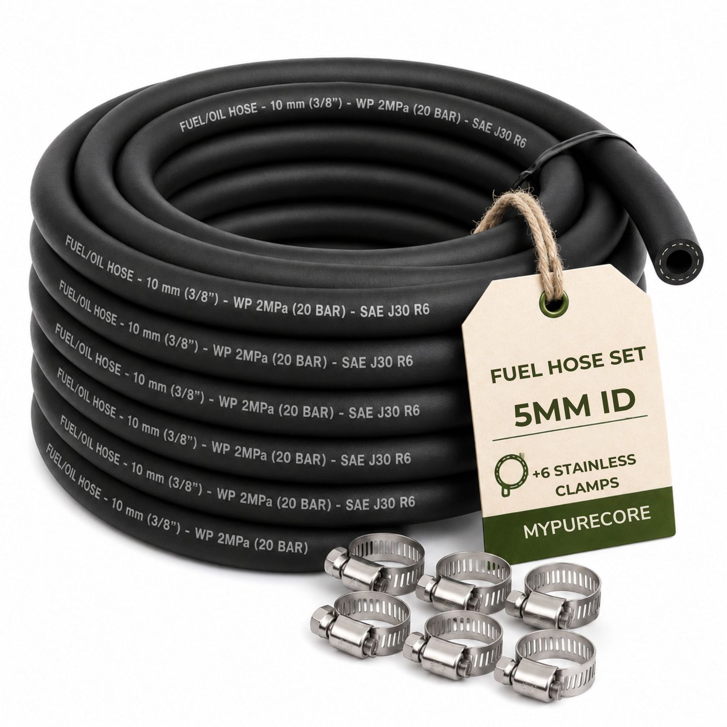 Fuel Oil Line Hose SAE J30 R6 with 6 Stainless Steel Hose Clamps | Petrol & Diesel Fuel Pipe | 4mm, 5mm, 6mm, 8mm & 10mm ID | 1m, 2m, 3m, 5m & 10m Length
