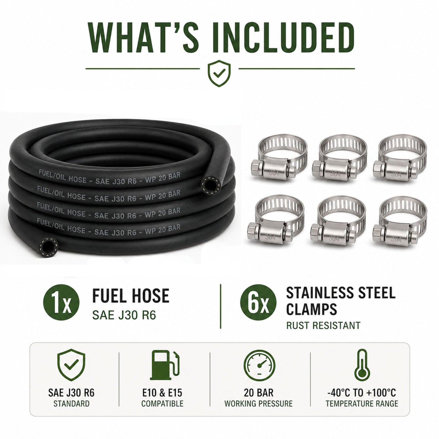 Fuel Oil Line Hose SAE J30 R6 with 6 Stainless Steel Hose Clamps | Petrol & Diesel Fuel Pipe | 4mm, 5mm, 6mm, 8mm & 10mm ID | 1m, 2m, 3m, 5m & 10m Length