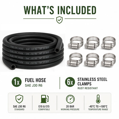 Fuel Oil Line Hose SAE J30 R6 with 6 Stainless Steel Hose Clamps | Petrol & Diesel Fuel Pipe | 4mm, 5mm, 6mm, 8mm & 10mm ID | 1m, 2m, 3m, 5m & 10m Length