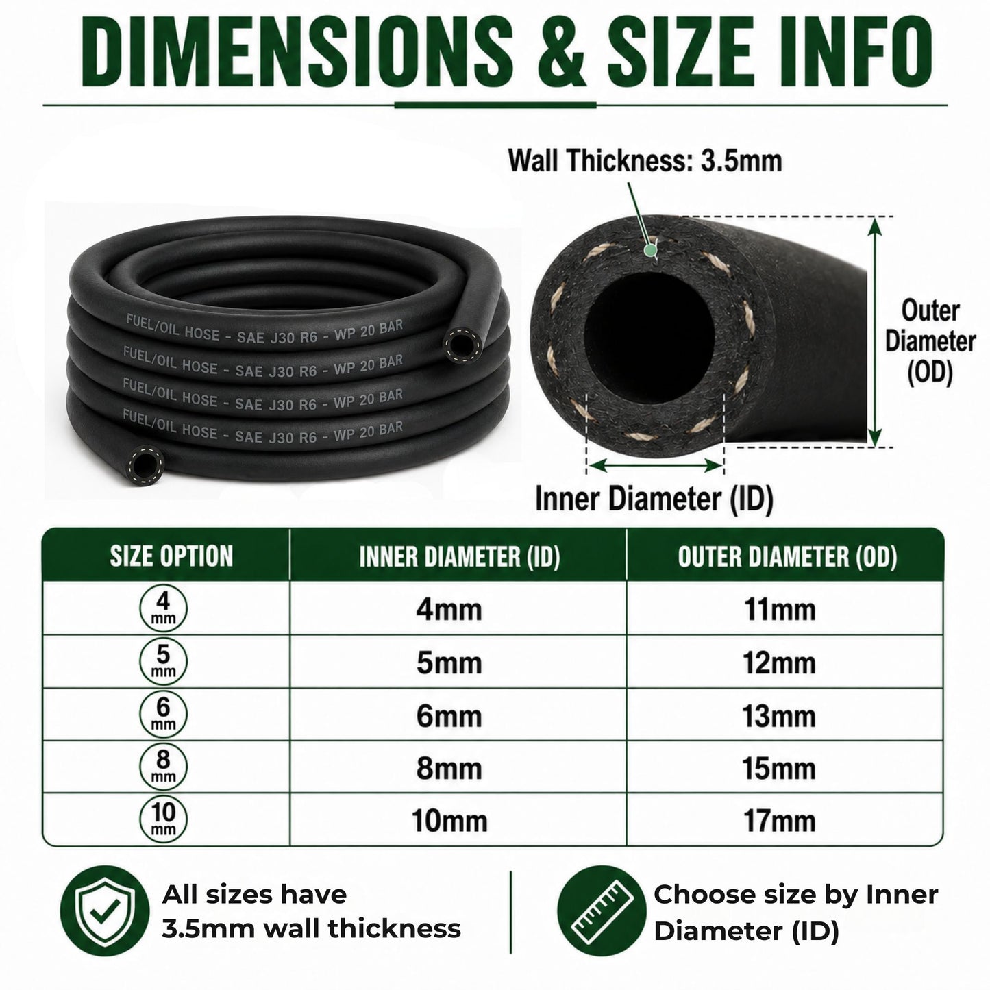 Fuel Oil Line Hose SAE J30 R6 with 6 Stainless Steel Hose Clamps | Petrol & Diesel Fuel Pipe | 4mm, 5mm, 6mm, 8mm & 10mm ID | 1m, 2m, 3m, 5m & 10m Length