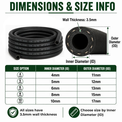 Fuel Oil Line Hose SAE J30 R6 with 6 Stainless Steel Hose Clamps | Petrol & Diesel Fuel Pipe | 4mm, 5mm, 6mm, 8mm & 10mm ID | 1m, 2m, 3m, 5m & 10m Length