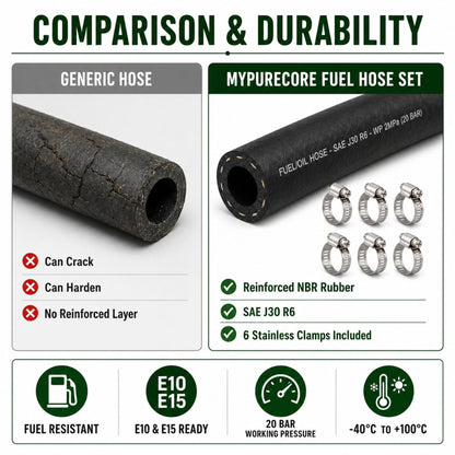 Fuel Oil Line Hose SAE J30 R6 with 6 Stainless Steel Hose Clamps | Petrol & Diesel Fuel Pipe | 4mm, 5mm, 6mm, 8mm & 10mm ID | 1m, 2m, 3m, 5m & 10m Length