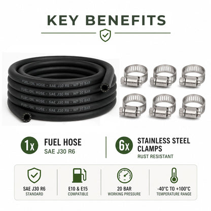 Fuel Oil Line Hose SAE J30 R6 with 6 Stainless Steel Hose Clamps | Petrol & Diesel Fuel Pipe | 4mm, 5mm, 6mm, 8mm & 10mm ID | 1m, 2m, 3m, 5m & 10m Length