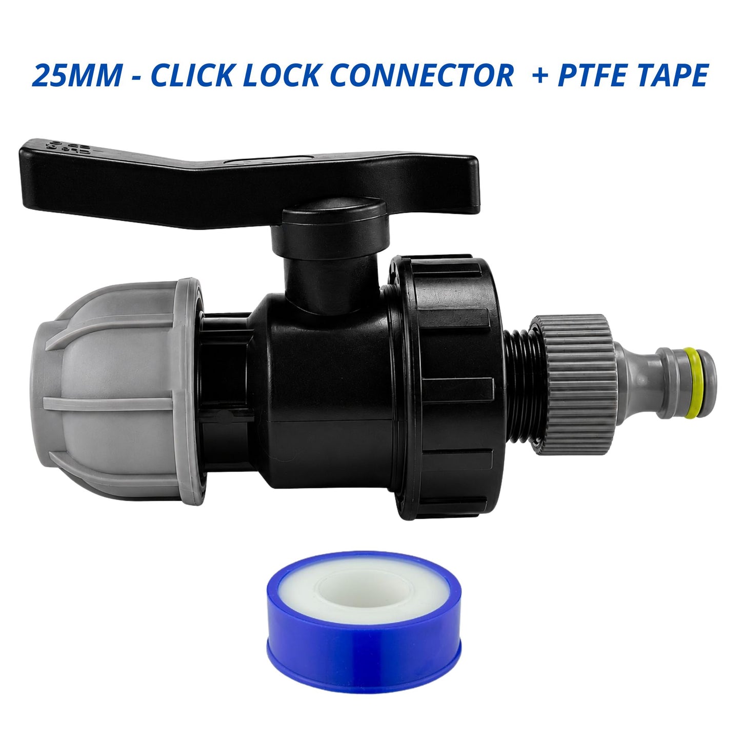 MDPE Water Pipe Outlet Valve Garden Hose Connector Kit 20mm 25mm 32mm - Compression Fitting, Flow Control Valve, Click-Lock Connector & PTFE Tape