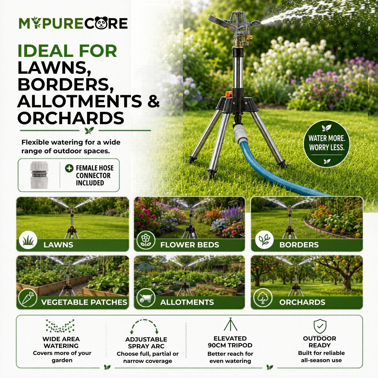 Pulsating Lawn Sprinkler on Tripod 90cm with Female Hose Connector, Adjustable Impact Garden Sprinkler with Spray Arc Control, Metal Spiked Stand & 450m² Coverage