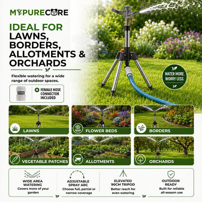 Pulsating Lawn Sprinkler on Tripod 90cm with Female Hose Connector, Adjustable Impact Garden Sprinkler with Spray Arc Control, Metal Spiked Stand & 450m² Coverage