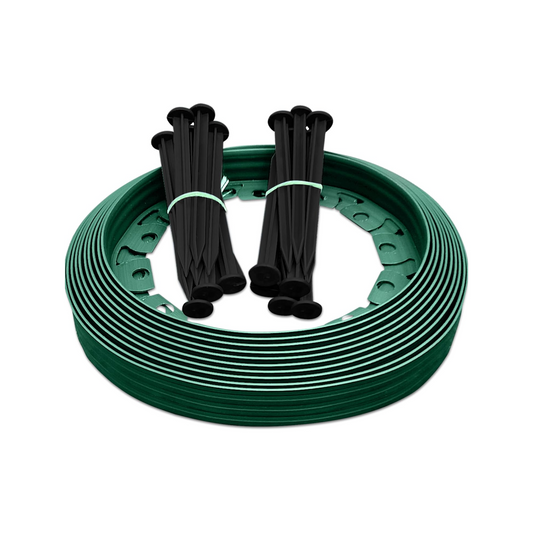 10m of Flexible Green Garden Edging Border - Complete with 20 Securing Pegs for Perfect Flower Beds, Lawns, and Pavement Design (60mm High)