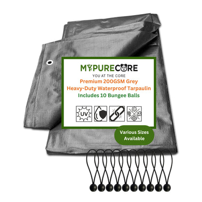 MYPURECORE Heavy Duty Waterproof Tarpaulin 200GSM Grey Tarp with 10 Bungee Balls - Durable Weatherproof Tarp Sheet for Camping, Garden, Trailer, Tent & Outdoor Protection