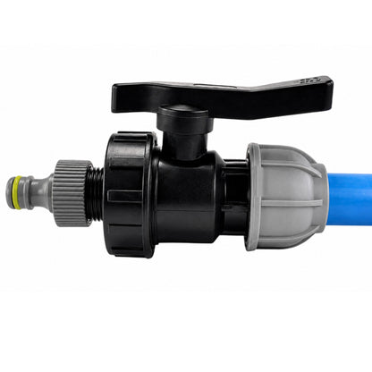MDPE Water Pipe Outlet Valve Garden Hose Connector Kit 20mm 25mm 32mm - Compression Fitting, Flow Control Valve, Click-Lock Connector & PTFE Tape
