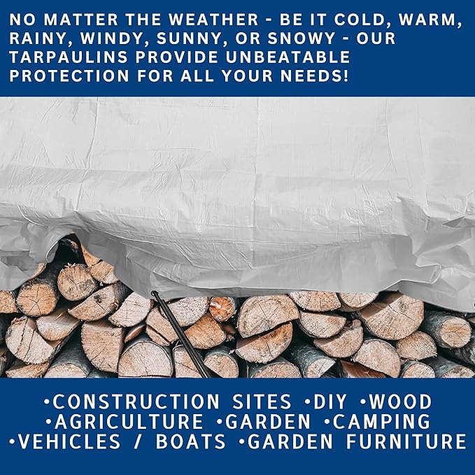 MYPURECORE Heavy Duty White Tarpaulin with 10 Bungee Balls – Weatherproof & UV Resistant Tarp Sheet and Groundsheet for Outdoor, Garden & Camping, Pergolas, Cars and Furniture