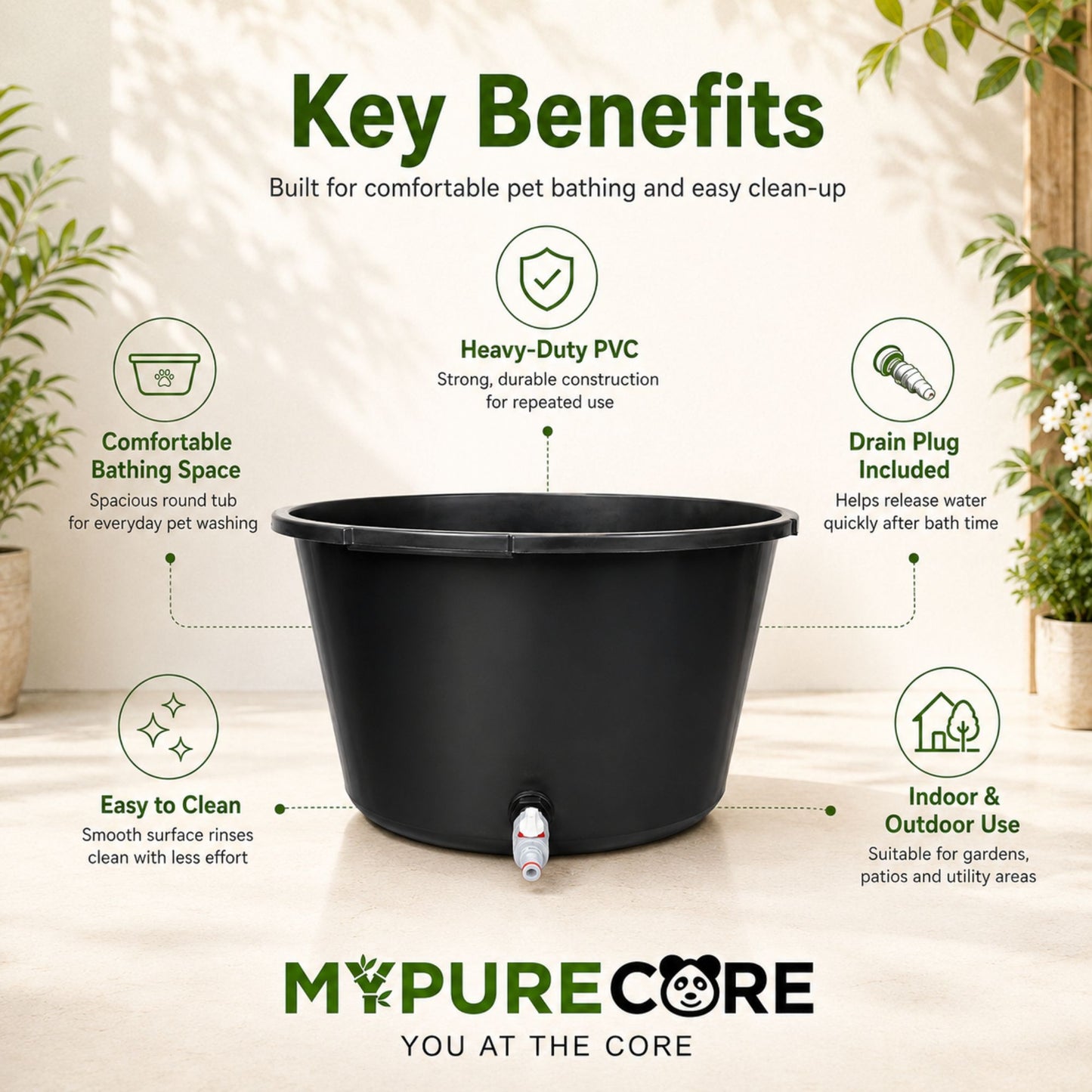 Round Dog Bath Tub with Drain Plug Heavy Duty Pet Washing Pool for Small Medium Large Dogs Durable Plastic Bath for Indoor Outdoor Use (45L / 65L / 90L)