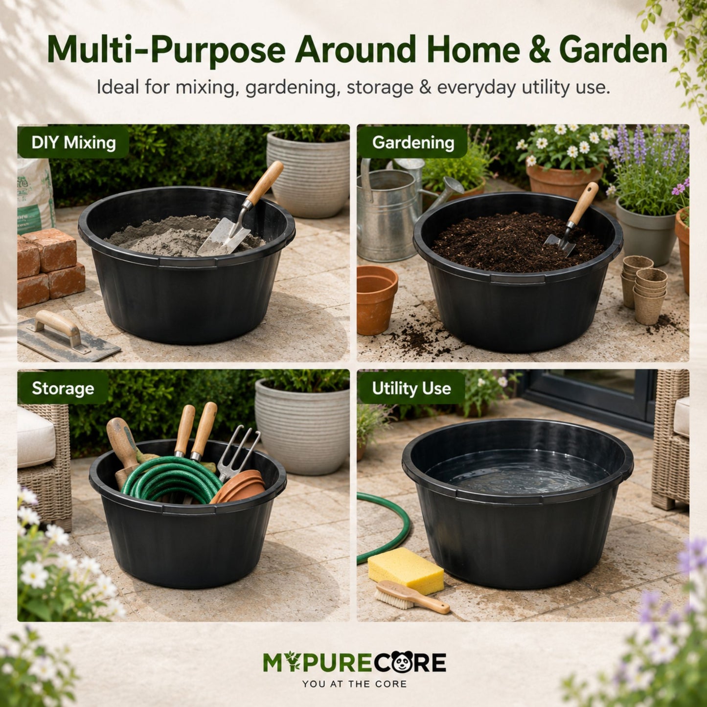 Round Mixing Tub Heavy Duty Plastic Utility Tub - Multi-Purpose PVC Container for Mortar, Plaster, Cement, Fillers, Gardening, Storage & DIY (45L / 65L / 90L)