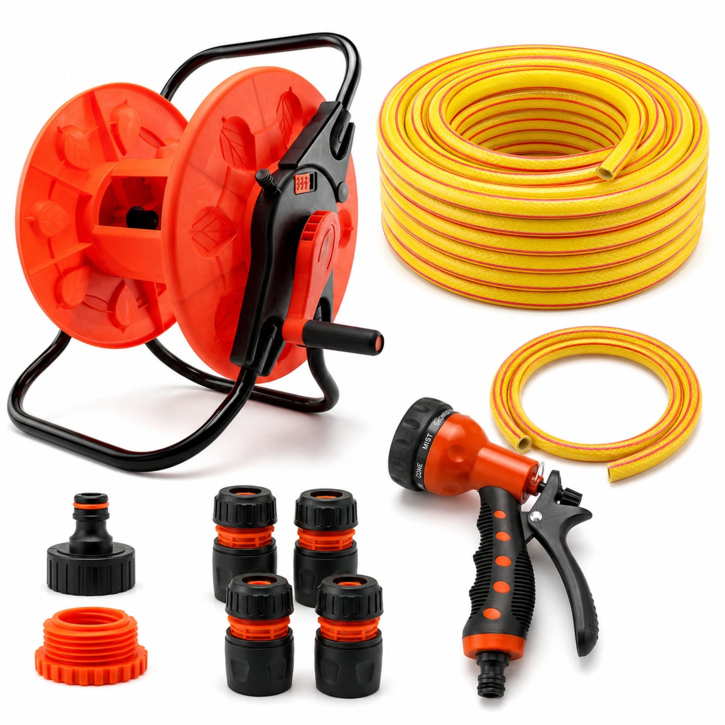 Hose Reel Cart and 30m Garden Hose Complete Watering Kit with 8-Pattern Spray Gun, 6-Layer Reinforced Hose, Tap Connector & Quick Hose Connectors