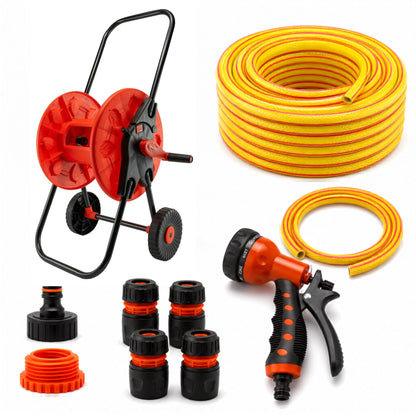 Garden Hose Reel Cart with Wheels and 30m Reinforced Hose, 8 Pattern Spray Gun & Quick Connectors | Complete Garden Watering Kit | 60m Capacity