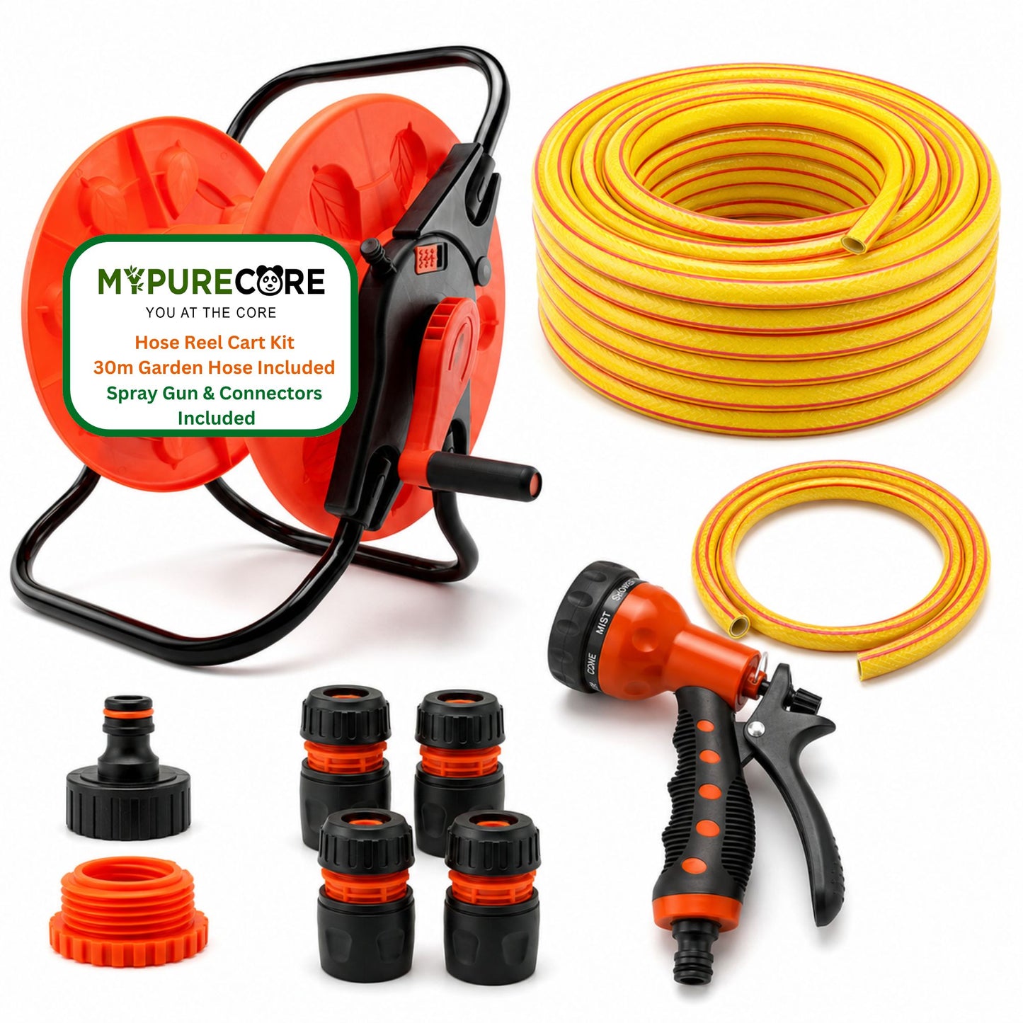 Hose Reel Cart and 30m Garden Hose Complete Watering Kit with 8-Pattern Spray Gun, 6-Layer Reinforced Hose, Tap Connector & Quick Hose Connectors