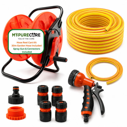 Hose Reel Cart and 30m Garden Hose Complete Watering Kit with 8-Pattern Spray Gun, 6-Layer Reinforced Hose, Tap Connector & Quick Hose Connectors