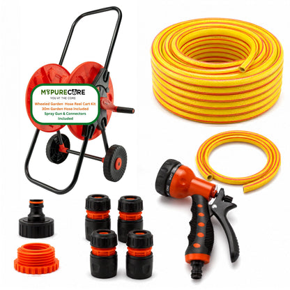 Garden Hose Reel Cart with Wheels and 30m Reinforced Hose, 8 Pattern Spray Gun & Quick Connectors | Complete Garden Watering Kit | 60m Capacity