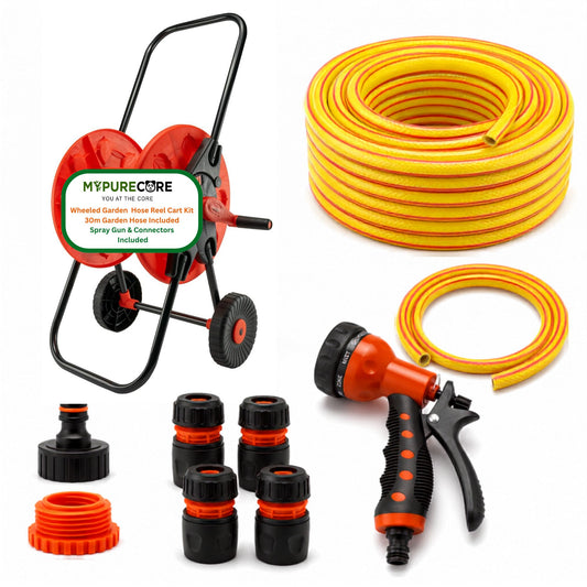 Garden Hose Reel Cart with Wheels and 30m Reinforced Hose, 8 Pattern Spray Gun & Quick Connectors | Complete Garden Watering Kit | 60m Capacity