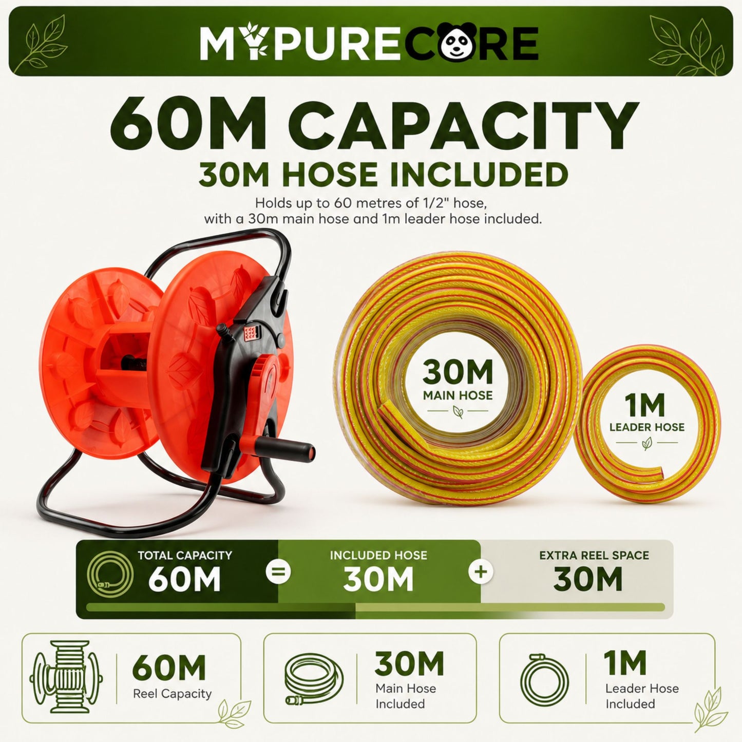 Hose Reel Cart and 30m Garden Hose Complete Watering Kit with 8-Pattern Spray Gun, 6-Layer Reinforced Hose, Tap Connector & Quick Hose Connectors
