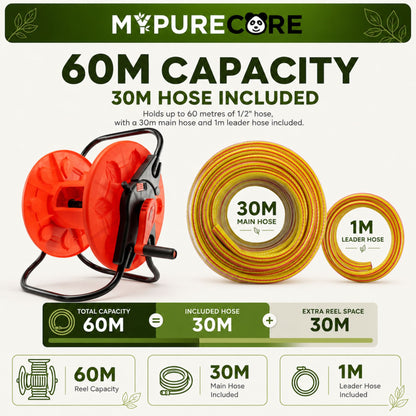 Hose Reel Cart and 30m Garden Hose Complete Watering Kit with 8-Pattern Spray Gun, 6-Layer Reinforced Hose, Tap Connector & Quick Hose Connectors