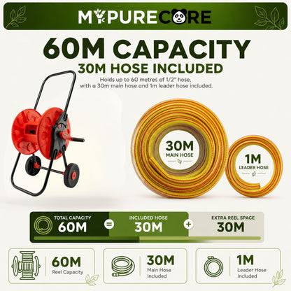 Garden Hose Reel Cart with Wheels and 30m Reinforced Hose, 8 Pattern Spray Gun & Quick Connectors | Complete Garden Watering Kit | 60m Capacity