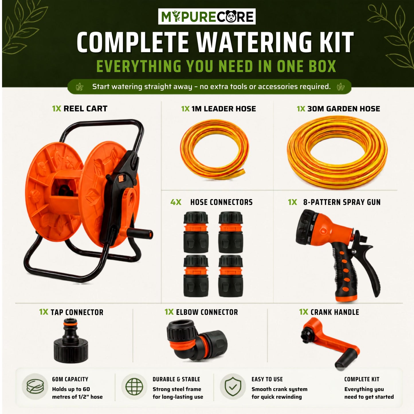 Hose Reel Cart and 30m Garden Hose Complete Watering Kit with 8-Pattern Spray Gun, 6-Layer Reinforced Hose, Tap Connector & Quick Hose Connectors