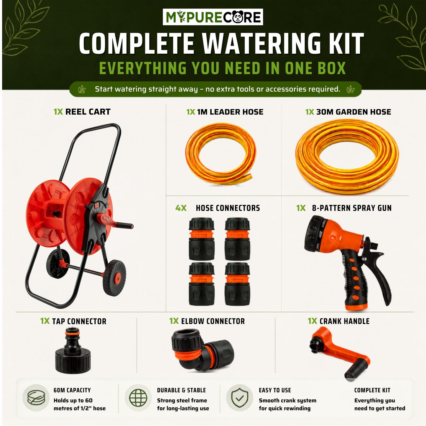 Garden Hose Reel Cart with Wheels and 30m Reinforced Hose, 8 Pattern Spray Gun & Quick Connectors | Complete Garden Watering Kit | 60m Capacity