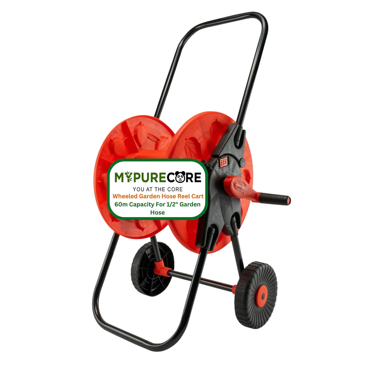 60m Garden Hose Reel Cart with Wheels - UV-Resistant, Easy-Wind Crank - Black/Orange