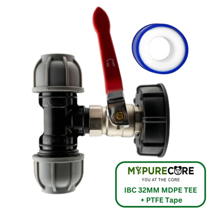 IBC S60X6 Cap Kit with 1” Lever Valve, 32mm MDPE Tee and PTFE Tape – Durable Leak-Proof Plumbing Solution
