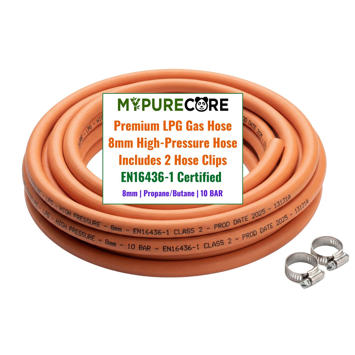 LPG Gas Hose Pipe 8mm with 2 Clips EN16436-1 High Pressure Propane Butane Gas Hose for BBQ Patio Heater Caravan Camping Cooker Gas Bottle Durable Orange Hose