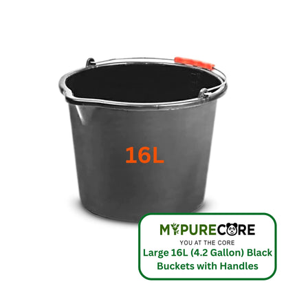 Large 16L (4.2 Gallon) Black Plastic Buckets with Handles - Sturdy Multipurpose Containers with Measuring Scale