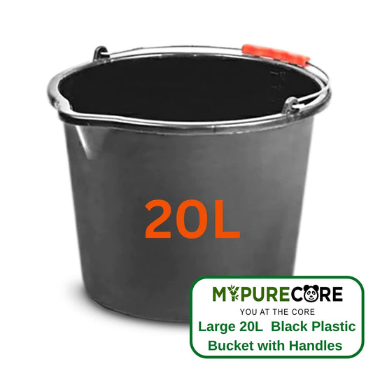 Large 20L (5.2 Gallon) Black Plastic Bucket with Handles - Sturdy Water Bucket, Big Bucket with Measuring Scale