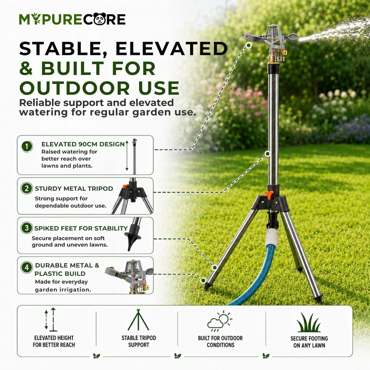 Pulsating Lawn Sprinkler on Tripod 90cm with Female Hose Connector, Adjustable Impact Garden Sprinkler with Spray Arc Control, Metal Spiked Stand & 450m² Coverage