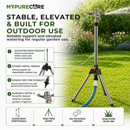 Pulsating Lawn Sprinkler on Tripod 90cm with Female Hose Connector, Adjustable Impact Garden Sprinkler with Spray Arc Control, Metal Spiked Stand & 450m² Coverage