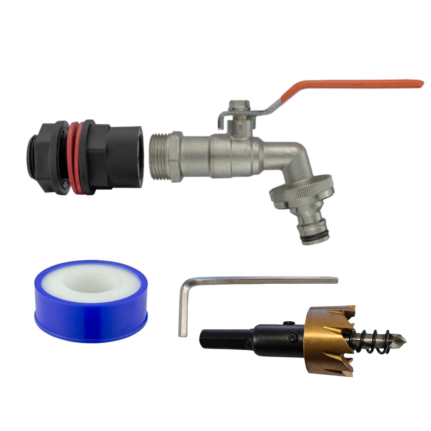 Water Butt Barrel Tap Connector Kit with Drill Hole Saw Cutter – Adapter Hose Fitting with Tap Options & PTFE Tape for Rain Barrel, Water Tank & Garden Use