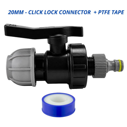 MDPE Water Pipe Outlet Valve Garden Hose Connector Kit 20mm 25mm 32mm - Compression Fitting, Flow Control Valve, Click-Lock Connector & PTFE Tape