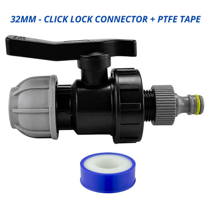 MDPE Water Pipe Outlet Valve Garden Hose Connector Kit 20mm 25mm 32mm - Compression Fitting, Flow Control Valve, Click-Lock Connector & PTFE Tape
