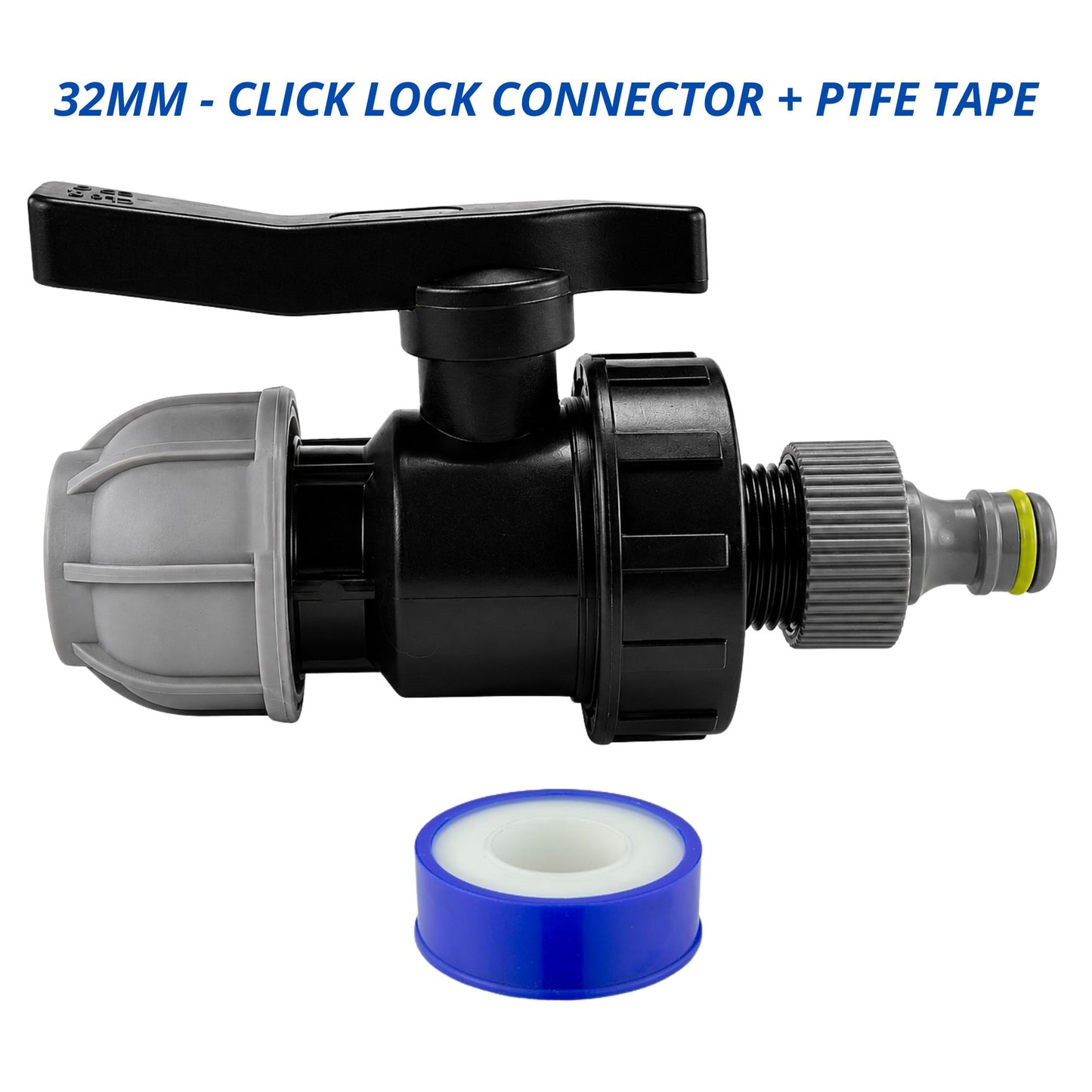 MDPE Water Pipe Outlet Valve Garden Hose Connector Kit 20mm 25mm 32mm - Compression Fitting, Flow Control Valve, Click-Lock Connector & PTFE Tape
