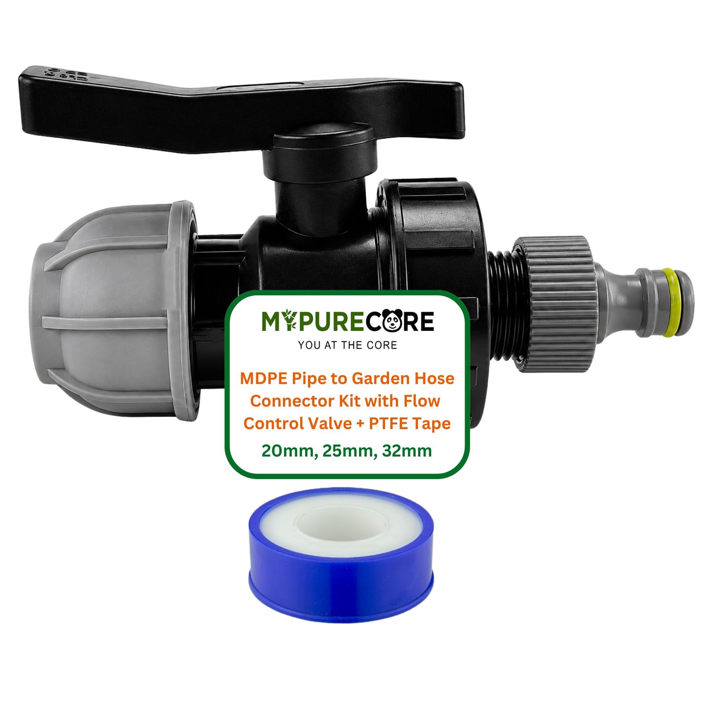 MDPE Water Pipe Outlet Valve Garden Hose Connector Kit 20mm 25mm 32mm - Compression Fitting, Flow Control Valve, Click-Lock Connector & PTFE Tape
