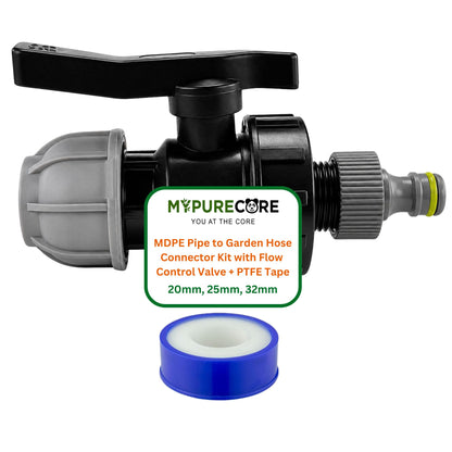 MDPE Water Pipe Outlet Valve Garden Hose Connector Kit 20mm 25mm 32mm - Compression Fitting, Flow Control Valve, Click-Lock Connector & PTFE Tape